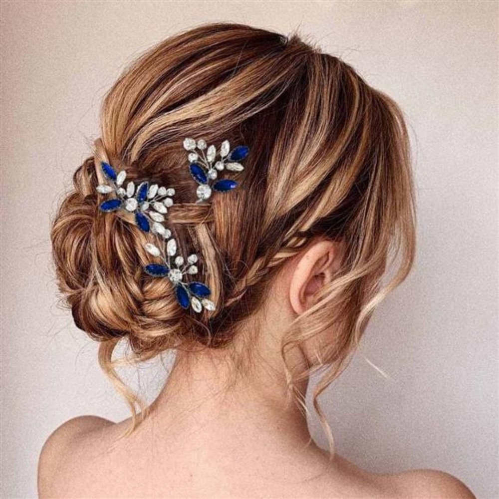 Crystal Bride Wedding Hair Pins Silver Hair Piece Bridal Flower Blue